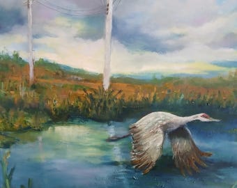 Original Oil Painting A Crane making a landing in Houghton Lake Flats Flooding area