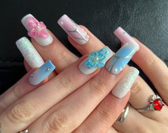 pink-blue Blossom Press On Nails  |  Pressonnails, Nails, Selfmade, Bluenails, pinknails, GelXNails, Trendy Nails, Spring Nails, flowerNails