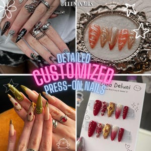 Könnte beinhalten: Eine Collage mit detaillierten, individuell gestalteten Press-On-Nägeln. Das Bild zeigt verschiedene Nageldesigns, darunter Schwarz und Silber, Nude mit goldenen Akzenten und Rot mit floralen Verzierungen. Der Text "DELUNINAILS" und "Luna Deluni" sind sichtbar.