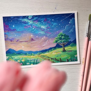 Art print - Dreamy Evening Landscape- Gouache paint print - A6 postcard size