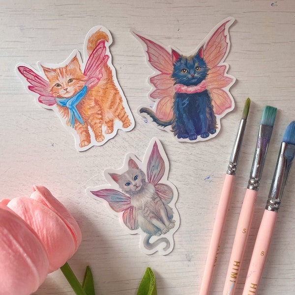 Süße Sticker "Fairy-Cats" - verschiedene Varianten (Glitzer-Sterne, Holo, Plain)