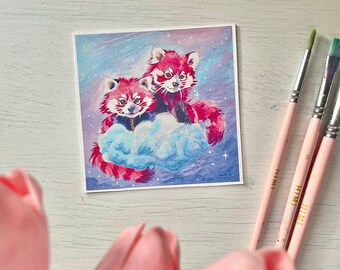 Art print - Pink Sky Pandas - Gouache paint print 10x10 cm