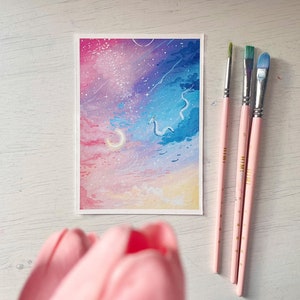 Art print - Dragon in Pastel Sky - Gouache paint print A6 postcard size