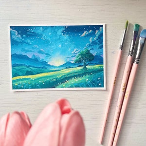 Art print - Dreamy night scene - Gouache paint print A6 postcard size