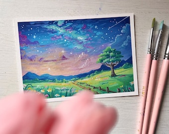 Art print - Dreamy Evening Landscape- Gouache paint print - A6 postcard size