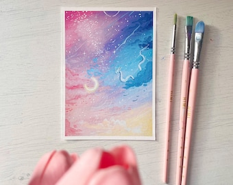 Art print - Dragon in Pastel Sky - Gouache paint print A6 postcard size