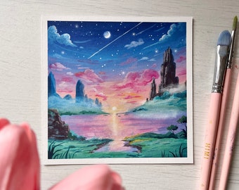 Art print - Dreamy Landscape- Gouache paint print - 12.5x13cm