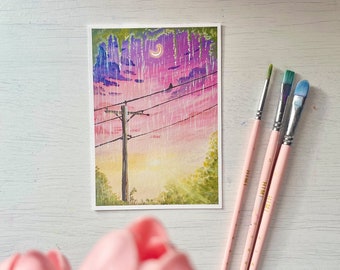 Art print - Summer Rain - Gouache paint print A6 postcard size