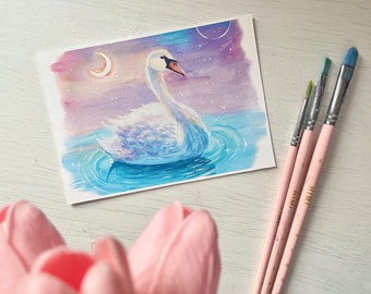 Art print - Magical Swan - Gouache paint print A6 postcard size