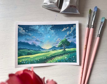 Dipinto originale a guazzo - Paesaggio da sogno di notte - Dipinto A6 ispirato a Ghibli