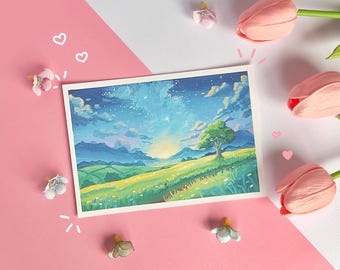 May include: A landscape art print depicting a meadow under a starry sky. The artwork shows a tree on a grassy hill, with mountains in the background. The print is surrounded by pink tulips and small white flowers on a pink and white surface.
