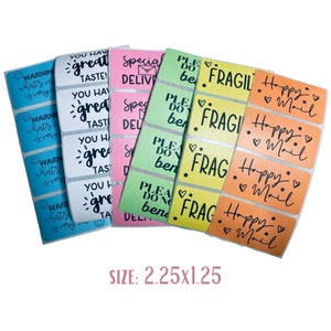 May include: Assortment of colorful rectangular stickers with various phrases and designs. The stickers are 2.25 inches by 1.25 inches. The phrases include "You Have Great Taste", "Special Delivery", "Please Do Not Bend", "Fragile", and "Happy Mail".