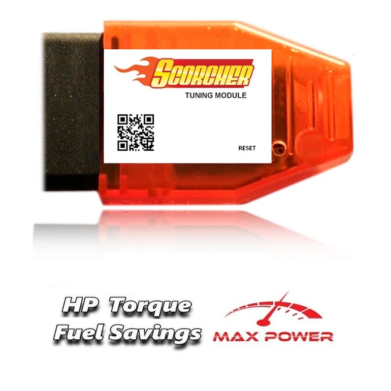 May include: An orange tuning module with a black connector, a white label with the text "Scorcher Tuning Module" and a QR code, and a black button labeled "Reset".