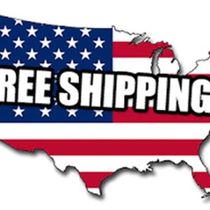 May include: An outline of the United States of America in the shape of a map, with the American flag colors and stars. The text "FREE SHIPPING" is written in bold, black letters across the map.