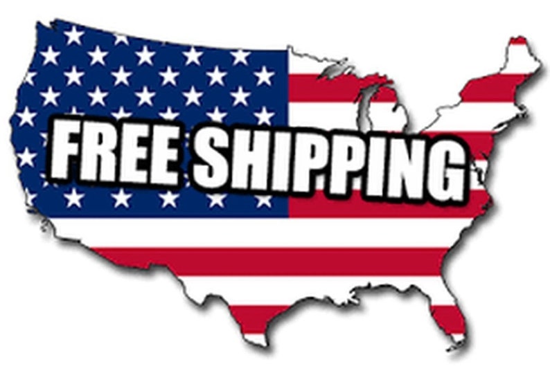 May include: An outline of the United States of America in the shape of a map, with the American flag colors and stars. The text "FREE SHIPPING" is written in bold, black letters across the map.