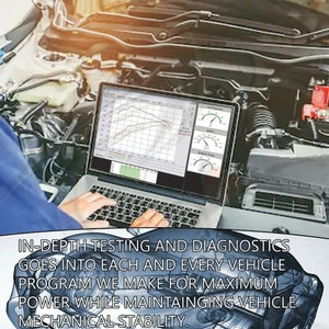 May include: A mechanic uses a laptop to diagnose a car engine. The laptop screen shows a graph of engine performance data. The text on the screen reads "IN-DEPTH TESTING AND DIAGNOSTICS GOES INTO EACH AND EVERY VEHICLE PROGRAM WE MAKE FOR MAXIMUM POWER WHILE MAINTAINGING VEHICLE MECHANICAL STABILITY."