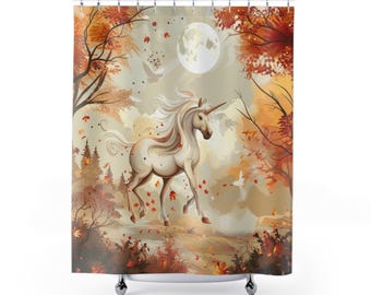 Grillig eenhoorn douchegordijn - decor betoverd bos, magische badkamer, uniek cadeau voor eenhoornliefhebbers, fantasie huisaccenten, herfst
