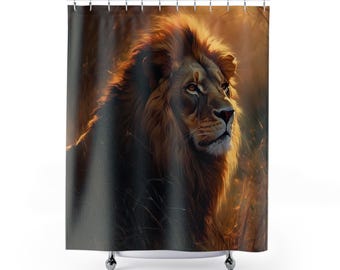 May include: A shower curtain depicting a lion with a golden mane, set in a warm, sunlit environment. The artwork highlights the lion's profile, capturing its regal gaze and the texture of its fur. The curtain brings a touch of wildlife to any bathroom setting.