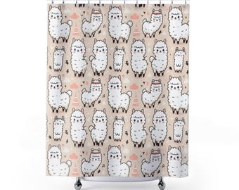 Cute Llama Kids Shower Curtain, Funny Alpaca Cactus Cartoon Animals Bathroom Curtains Decor Shower Curtain