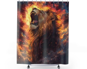 May include: A shower curtain depicting a roaring lion with a fiery mane and open mouth. The lion is set against a backdrop of swirling orange, red, and yellow clouds, creating a dramatic image. The curtain is made of a durable material, suitable for a bathroom.