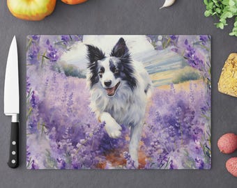 Tagliere per cani con motivo Border Collie in fiori di lavanda
