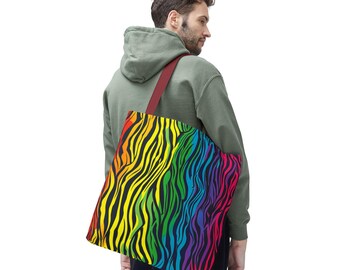 Bolso tote de cebra arcoíris vibrante, bolso de compras ecológico, elegante bolso de playa, regalo único, bolso colorido para el día a día, celebración del orgullo