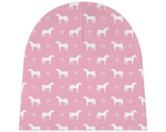 Cute Baby Beanie - Pink Horse Design, Infant Hat, Baby Shower Gift, Newborn Accessory, Equine Theme, Baby Girl Beanie, Kids Winter Hat