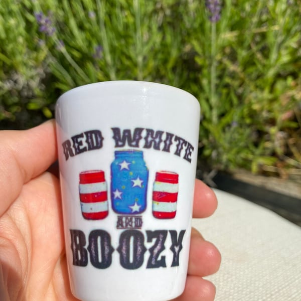 Red, white and boozy shot glass: 4th of July, sublimation shot glass, gift, 4th of July decor, drink, bar ware, patriotic