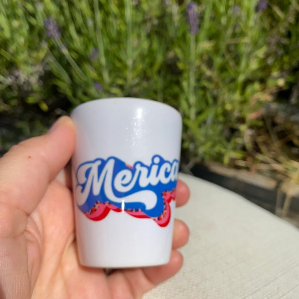 Merica shot glass: 4th of July decor, gift, sublimation drink shot glass, bar ware