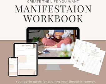May include: A digital download for a manifestation workbook. The image shows a computer screen displaying a woman writing in a journal. The workbook includes a daily journal, a letter to your future self, and other worksheets.  PDF Instant Download.