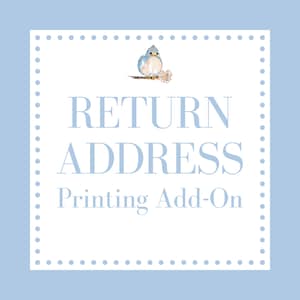 May include: A light blue background with a white dotted border. The text "RETURN ADDRESS Printing Add-On" is in light blue. A watercolor illustration of a blue bird with a flower branch is at the top.