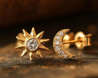 Moon & Sun diamond and gold studs