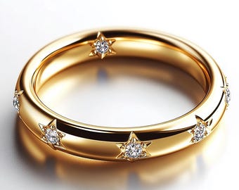 May include: A gold band ring with five small diamonds set in star shapes around the band.