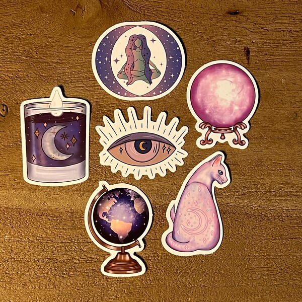 Femine Magic! Paper Sticker Sets, Aufkleber, Protection, Scrapbook, Wicca, Fantasy, Witch, Tarot, Chrytal, Luck, Feminist, Cat, Candle