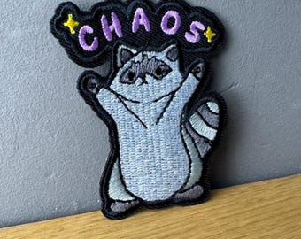 Chaos Raccoon! Iron-on Patch, Badge - ADHD, Autism, Neurodivergent, Smash Patriarchy, Sarcasm, Funny, Punk, Trash, Nerd