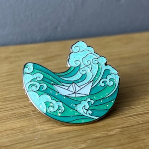 Stormy Glitter Sea! Hard enamel pin, badge, button: paper boat, boat, ship, sailing, glitter, sea, freedom, wave, waves, gift