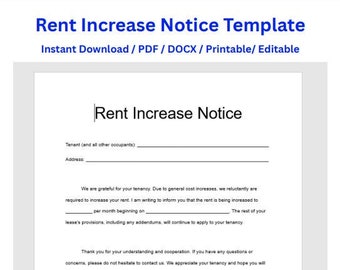 Rent Increase Notice, Rent Increase Form, Rent Increase Letter,  Rent Increase Template, Printable, Editable, PDF, DOCX