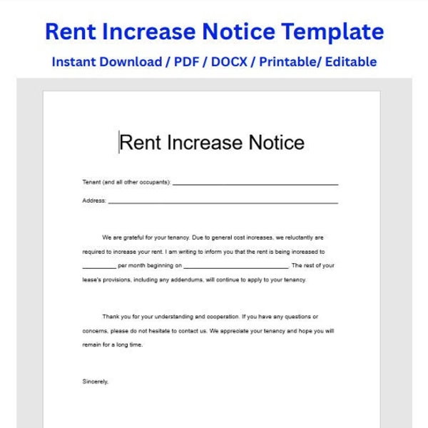 Rent Increase Notice, Rent Increase Form, Rent Increase Letter,  Rent Increase Template, Printable, Editable, PDF, DOCX