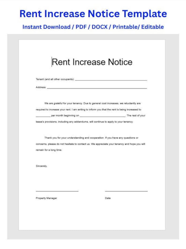 Rent Increase Notice, Rent Increase Form, Rent Increase Letter, Rent Increase Template, Printable, Editable, PDF, DOCX image 1