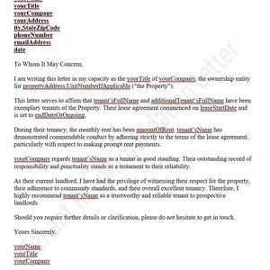Carta de recomendación/referencia de inquilino, carta de referencia de alquiler para propietarios, carta de referencia de propietario: imprimible, editable, PDF, DOCX