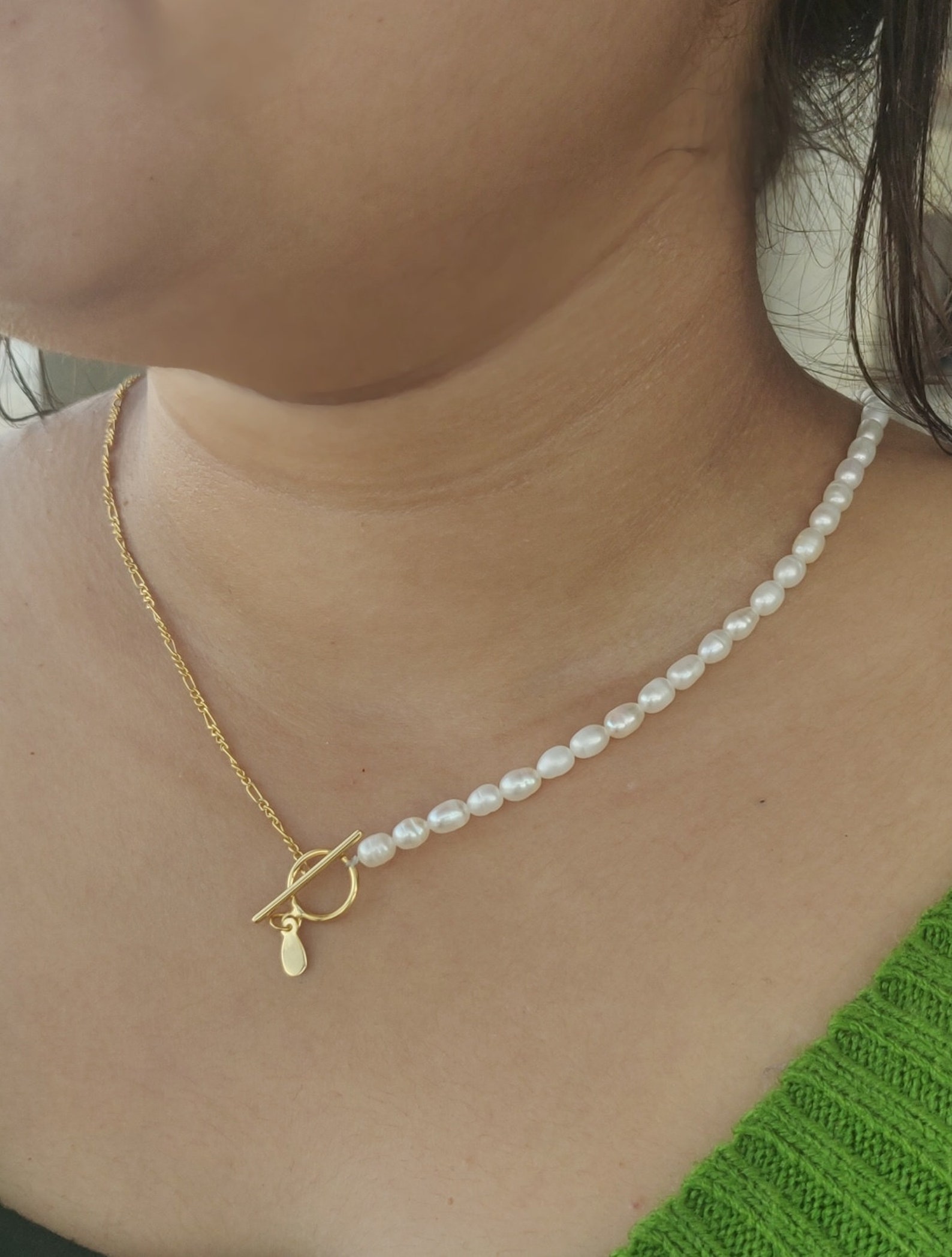 Half Pearl Half Chain Choker Necklace Freshwater Pearl Etsy