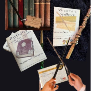 May include: A collection of books with a brown leather cover and gold lettering. A brown and black wand is lying on top of the books. A tag with the text "Ozark" is attached to the books. A small book with the title "Potions: A guide for witches and wizards" is open to a page with a picture of a potion book. The text "This potion book belongs to" is written on the page. A white card with the text "Wizard's Spellbook" is on a dark blue surface. A brown wand is lying on the card. A second wand is lying on a white card with the text "Wisonde Nu" and "Hogwarts" written on it.