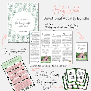 May include: A printable devotional activity bundle for Holy Week. The bundle includes a folding booklet, scripture printable, 5 family games, and 8 conversation cards. The image features a green and white colour scheme with illustrations of a tomb and a cross.