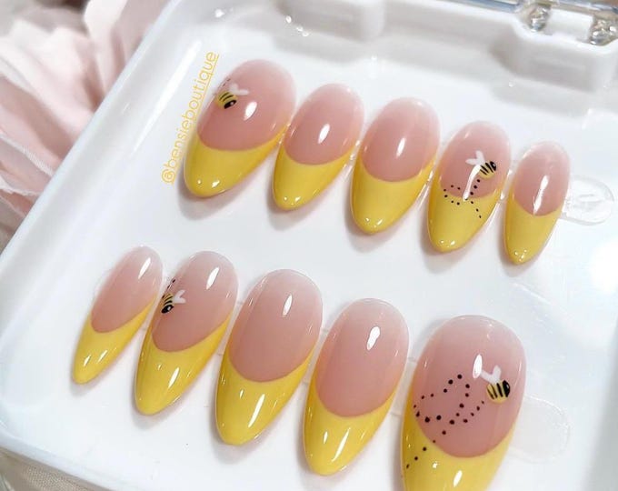 Bumble | Mini Bees and Yellow French Tip Press on Nails | Spring Nails | Summer Nails | Cute Press on Nails | extra short to 3XL nails