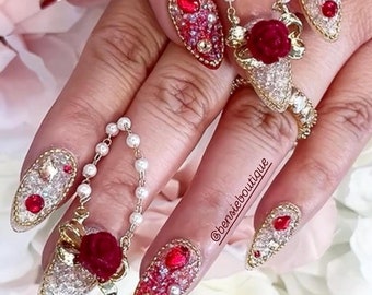 Red + Champagne Handmade Pixie Bling Nails | 3D Flower and Pearl | Dangling Nail Charm | Ceremonial Nails | Wedding Nails | Luxury Nails
