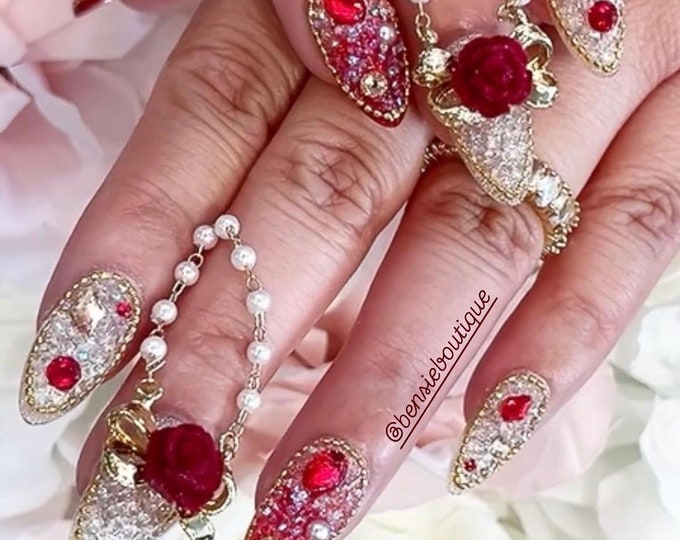 Red + Champagne Handmade Pixie Bling Nails | 3D Flower and Pearl | Dangling Nail Charm | Ceremonial Nails | Wedding Nails | Luxury Nails