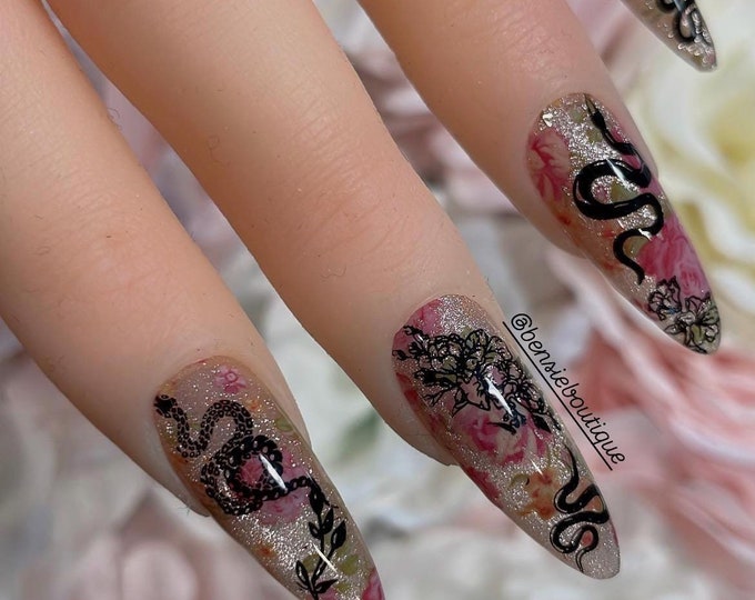 Mystic Garden | Handmade Snakes and Flowers over Cat Eye base Press on Nails | Handpainted Nails | extra short to 3XL press on nails