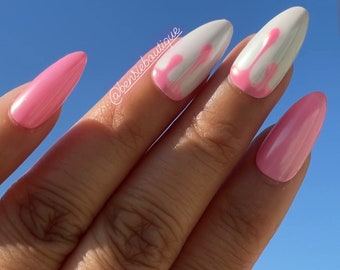Pink Drip Press on Nails | Ice Cream Drip | Glazed Nails | Pink and White Chrome | Pearly Nails | press on nails