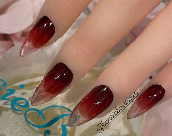Trickle | Crimson Jelly Press on Nails | Hand painted Jelly Red Nails | Vampire Nails | Gothic Nails | extra short to 3XL nails