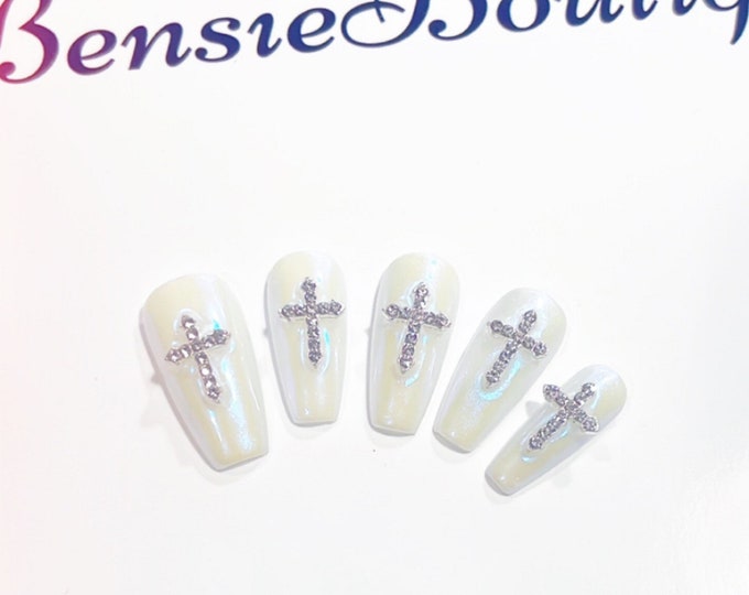 Milky white Aurora press on nails | chrome | 3d cross | nail bling | iridescent nails | pearly finish | religious Press on Nails Canada USA